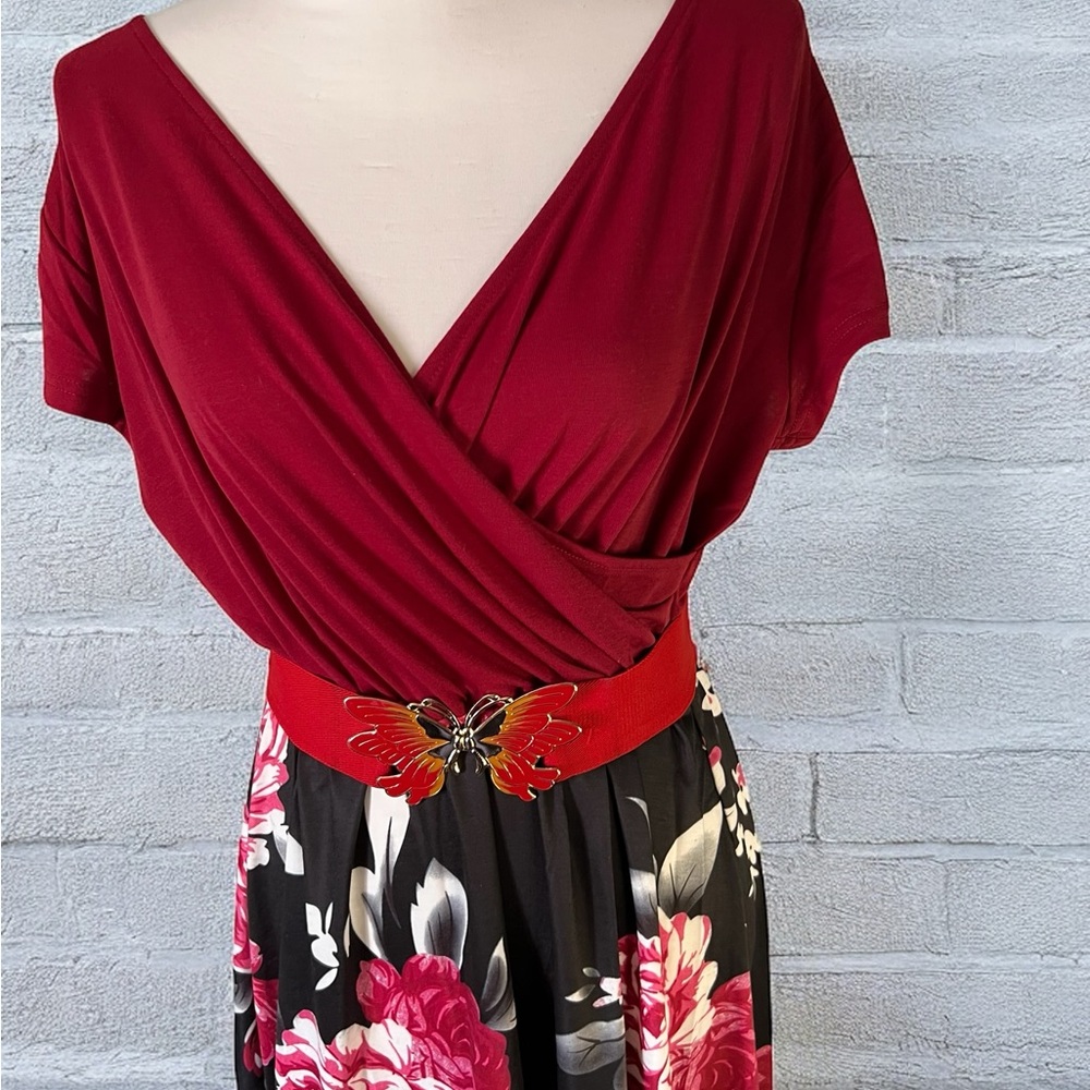Red black floral balletcore midi wrap dress short sleeve